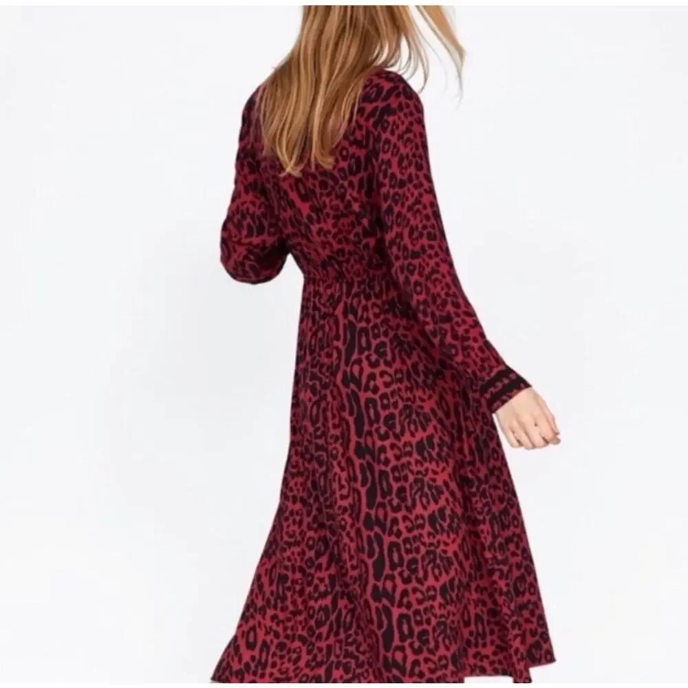 Zara Womens Red Leopard Print Midi Dress Tie Sz L - Picture 3 of 6